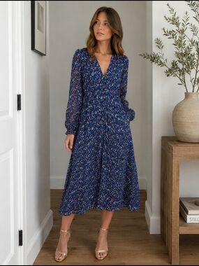 Ghost London Floral V-Neck Midi Dress in Navy